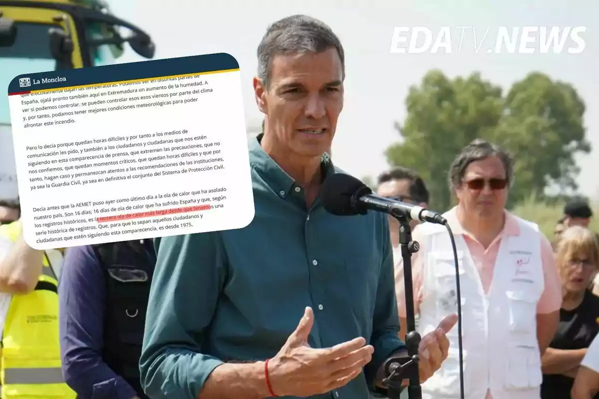 Un hombre hablando frente a un micrófono al aire libre con varias personas de fondo y un recorte de texto superpuesto en la imagen.