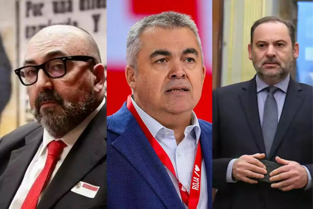 Tres hombres de mediana edad vestidos con traje posan en diferentes entornos formales