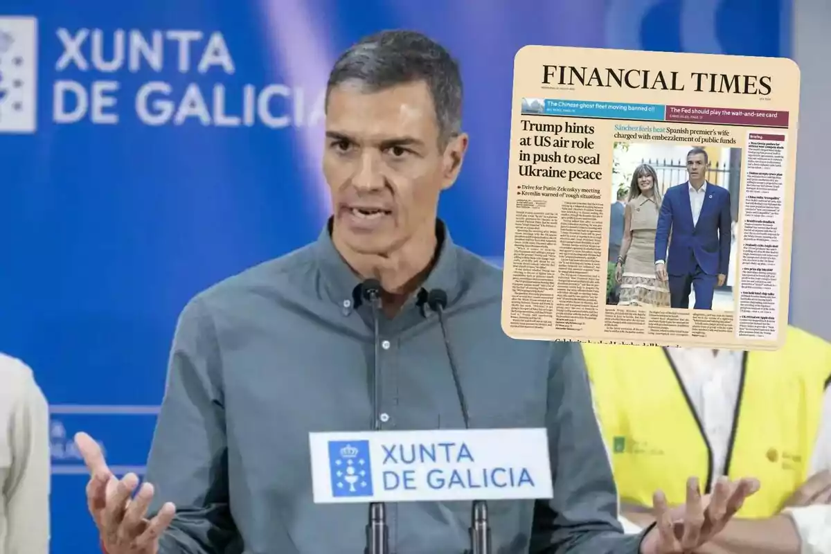 Un hombre hablando en un podio de la Xunta de Galicia con una portada del periódico Financial Times superpuesta en la imagen.