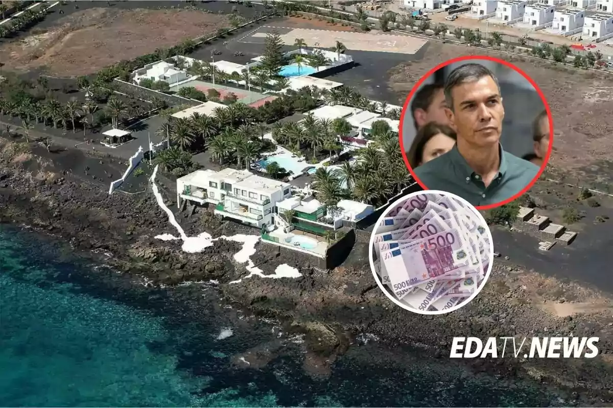 Vista aérea de una lujosa propiedad junto al mar con palmeras y piscina, sobre la imagen aparecen dos círculos, uno con el rostro de un hombre de cabello canoso y otro con billetes de 500 euros, en la esquina inferior derecha está el logo de EDATV NEWS