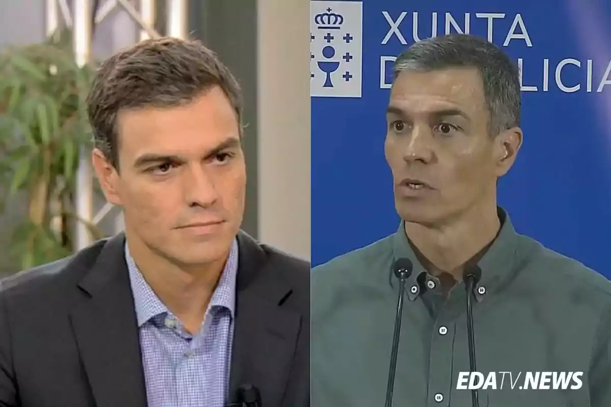 Comparación de dos hombres de cabello corto y canoso, uno vestido con traje oscuro y el otro con camisa verde frente a un fondo azul con texto
