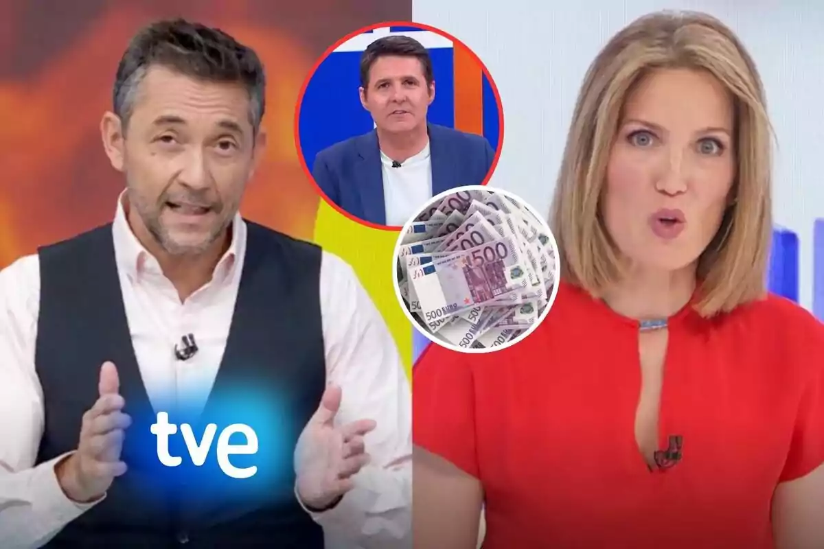 Dos presentadores de televisión en un set dividido, con un logo de tve, un círculo con billetes de 500 euros y otro círculo con la imagen de otro presentador.