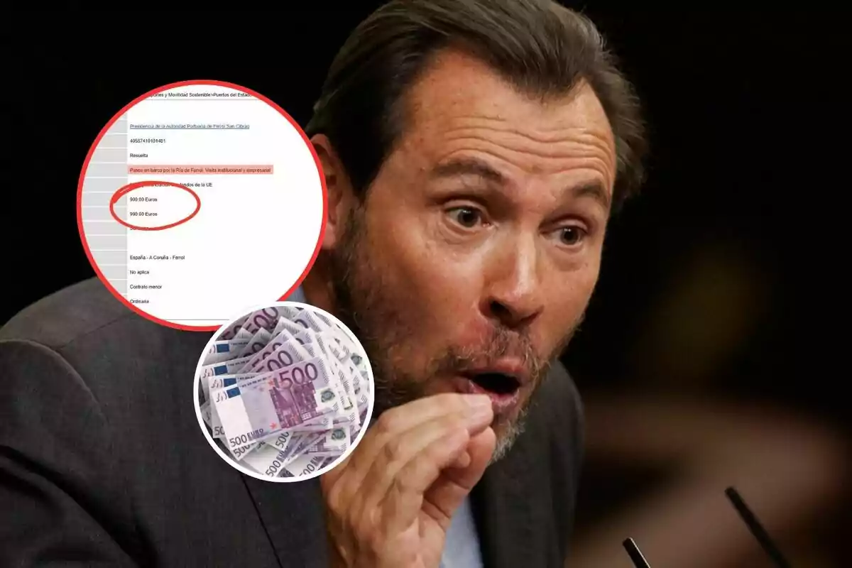 Hombre con expresión de sorpresa junto a un recorte de pantalla con cifras en euros y un círculo con billetes de 500 euros