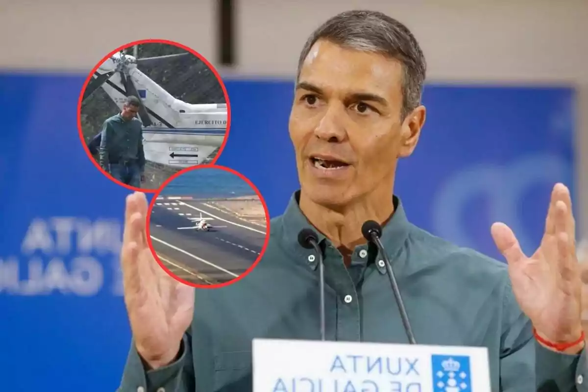 Hombre hablando en una conferencia con dos recuadros que muestran un helicóptero y una avioneta