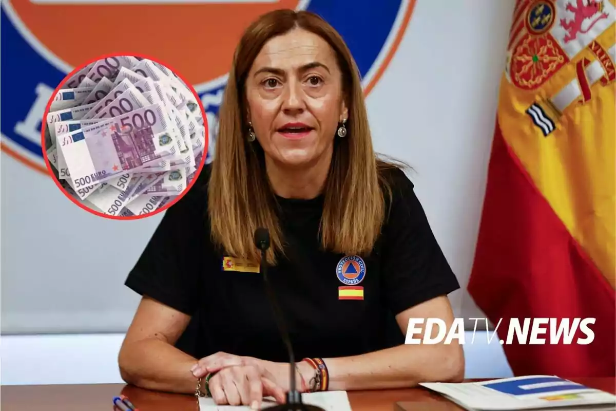 Mujer con camiseta de Protección Civil de España hablando en una rueda de prensa con un micrófono frente a ella y un círculo con billetes de 500 euros en la esquina superior izquierda junto a una bandera de España