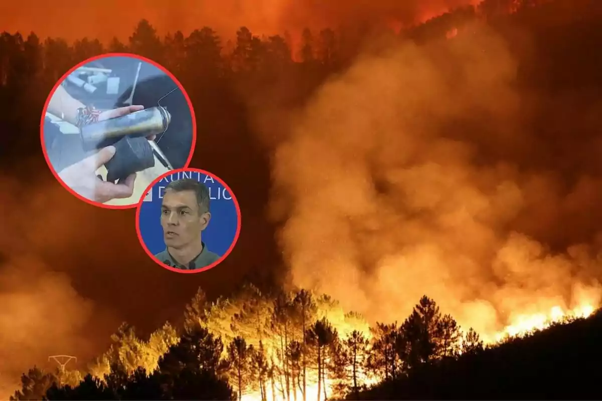 Incendio forestal en una zona boscosa con humo denso y dos recuadros circulares que muestran un artefacto en una mano y un hombre hablando