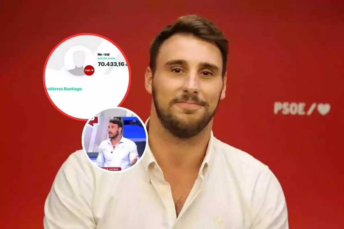Hombre joven con barba y camisa clara posando frente a un fondo rojo con el logo de PSOE y dos círculos superpuestos que muestran una captura de pantalla de un programa de televisión y un gráfico de sueldo anual