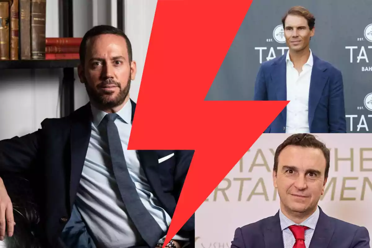 Tres hombres vestidos de traje aparecen en la imagen, separados por un rayo rojo que simboliza conflicto o división