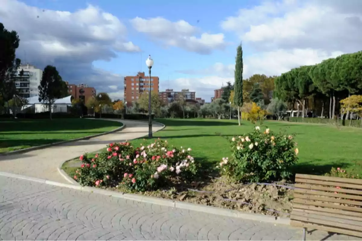 Parque con césped, arbustos de flores, un banco de madera y edificios al fondo bajo un cielo parcialmente nublado