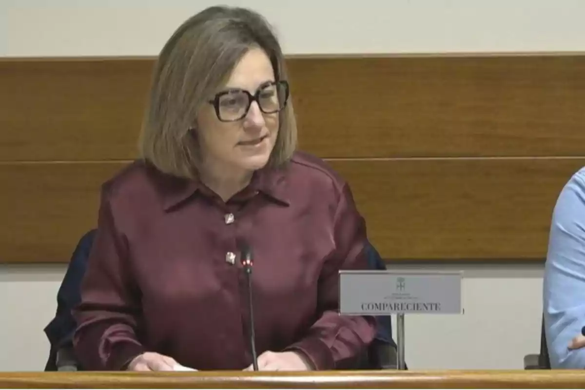 Mujer con gafas grandes y camisa satinada color vino hablando frente a un micrófono en una sala de reuniones Mujer con gafas grandes y camisa satinada color vino hablando frente a un micrófono en una sala de reuniones