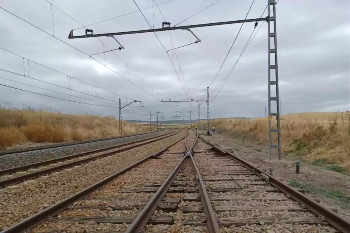 Vías de tren que se bifurcan en un paisaje rural con cielo nublado y postes eléctricos a los lados