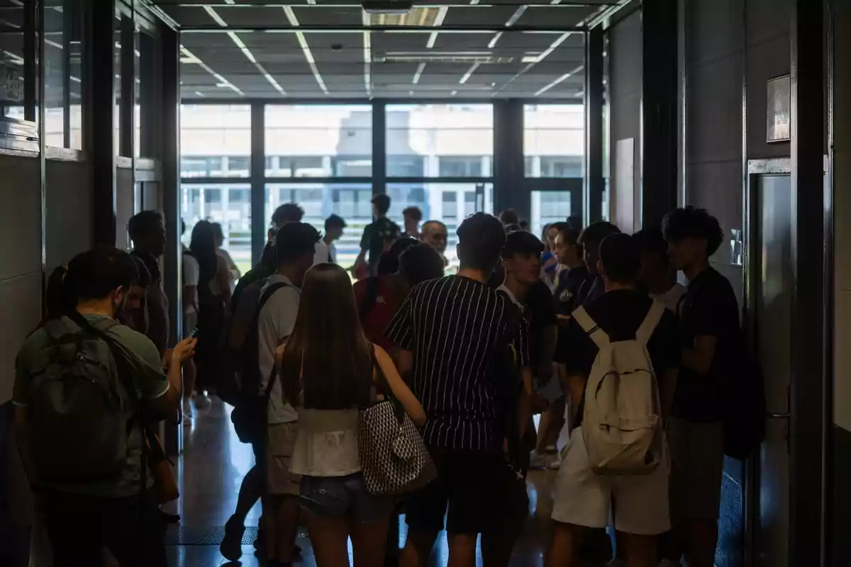 Un grupo de estudiantes con mochilas se reúne en un pasillo iluminado por la luz natural que entra por las ventanas al fondo
