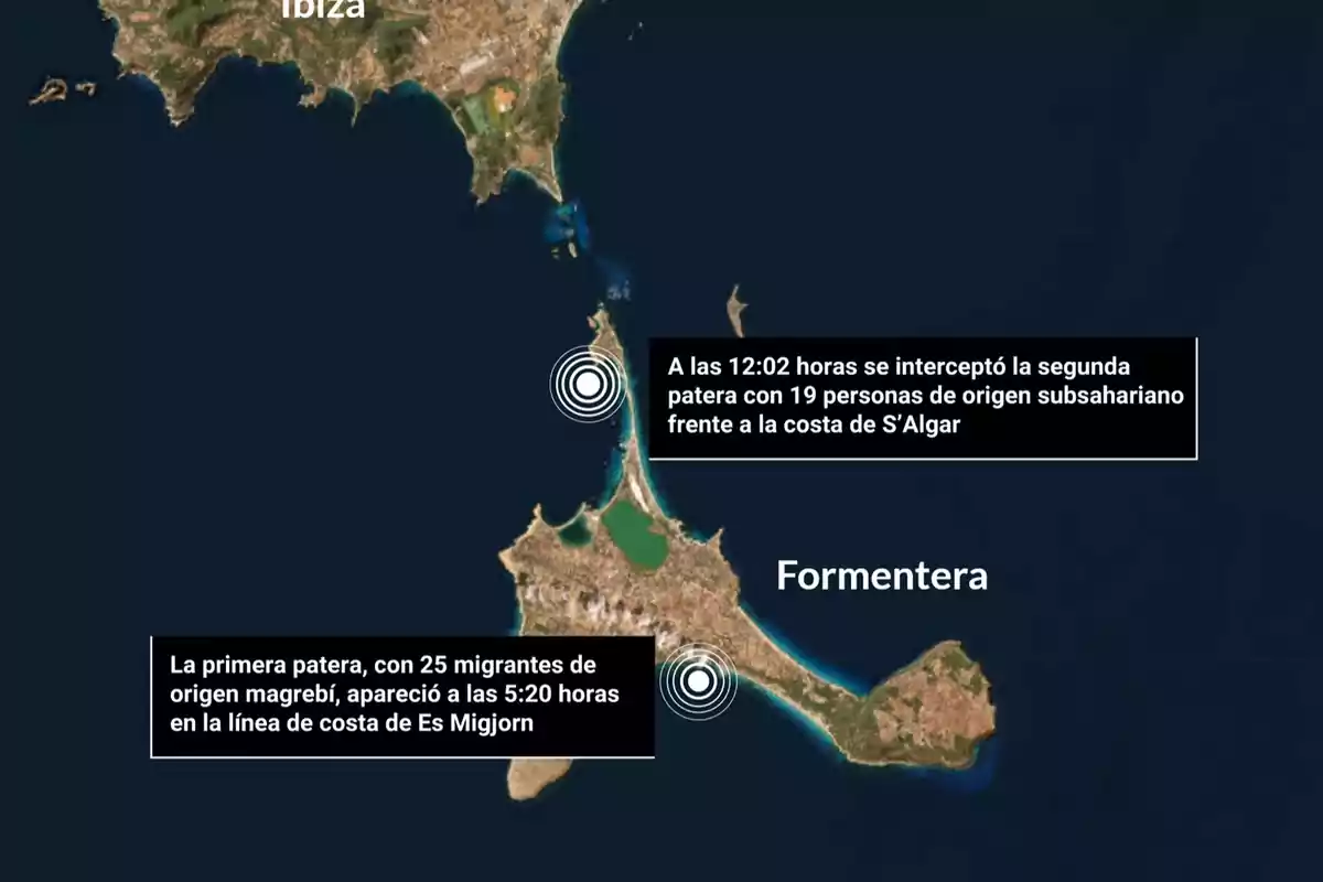 Mapa satelital de las islas Ibiza y Formentera con dos ubicaciones señaladas donde se interceptaron pateras con migrantes, una cerca de Es Migjorn y otra frente a la costa de S’Algar, acompañado de textos informativos sobre el número de personas y el horario de los sucesos. Mapa satelital de las islas Ibiza y Formentera con dos ubicaciones señaladas donde se interceptaron pateras con migrantes, una cerca de Es Migjorn y otra frente a la costa de S’Algar, acompañado de textos informativos sobre el número de personas y el horario de los sucesos.