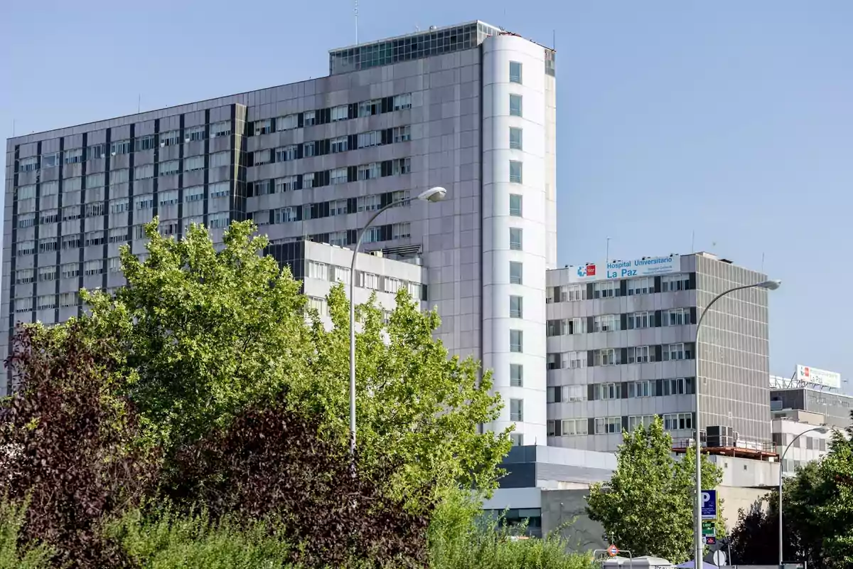Edificio moderno de hospital con varias plantas rodeado de árboles y cielo despejado