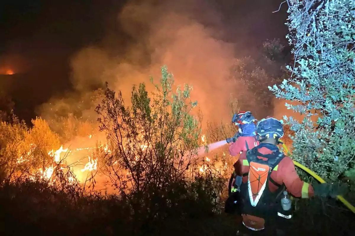 Dos bomberos combaten un incendio forestal durante la noche rodeados de vegetación y humo denso.