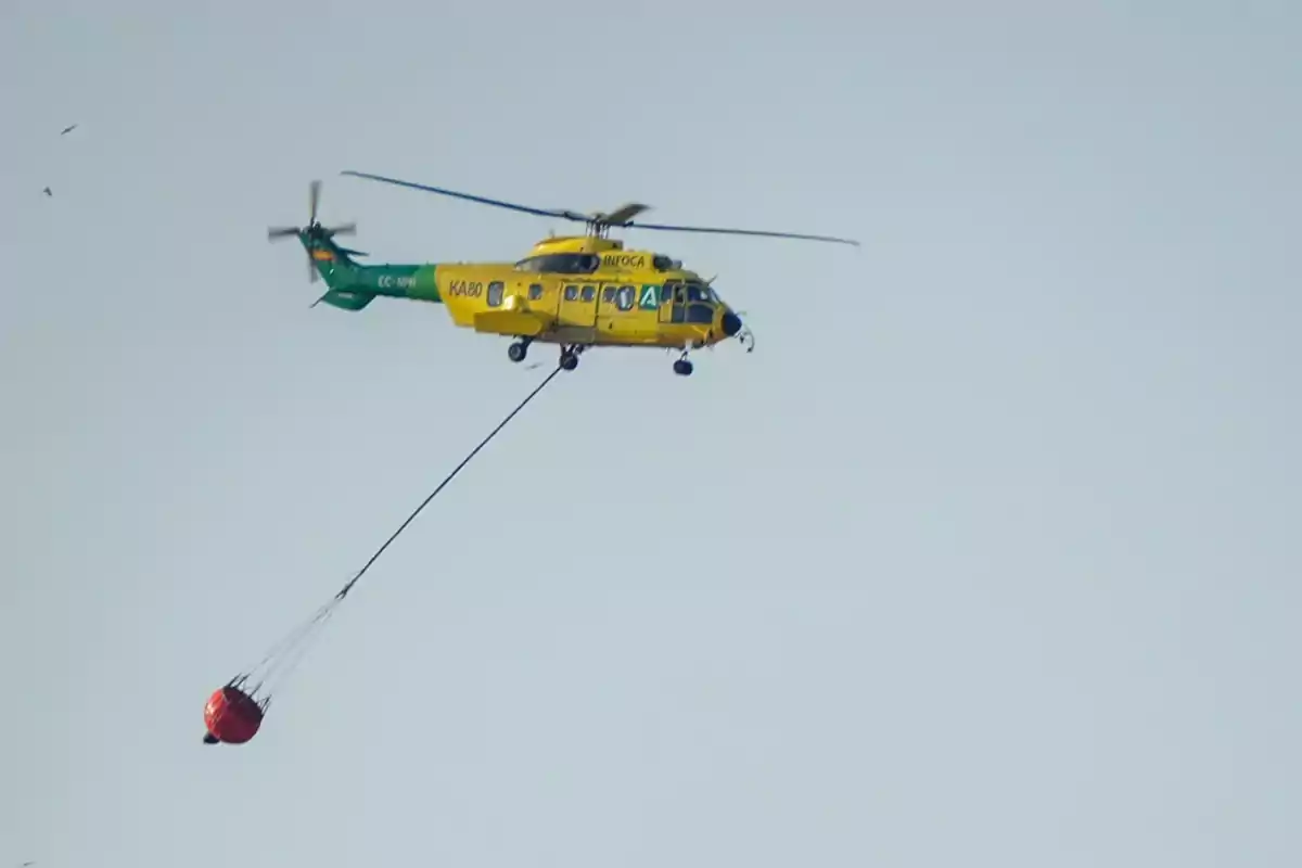 Helicóptero amarillo y verde transportando un balde colgante para combatir incendios sobre un cielo despejado Helicóptero amarillo y verde transportando un balde colgante para combatir incendios sobre un cielo despejado