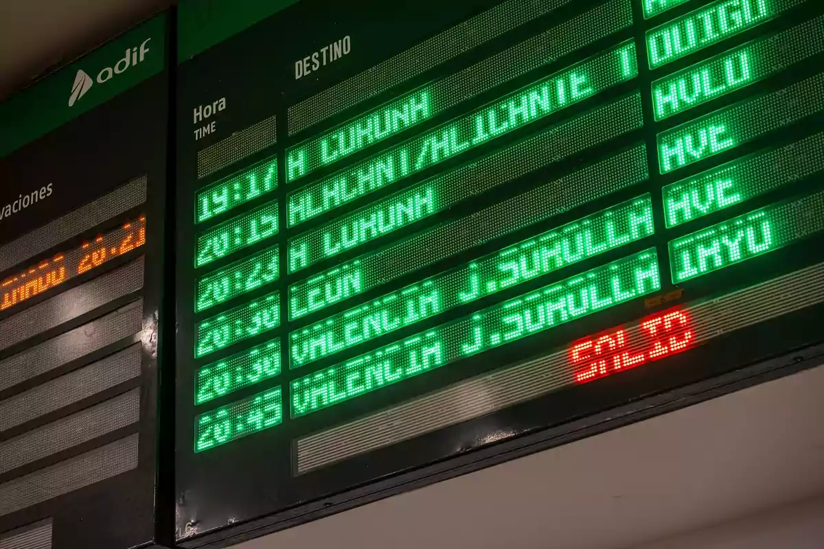 Pantalla electrónica de estación de tren mostrando horarios y destinos de salidas con letras verdes y rojas