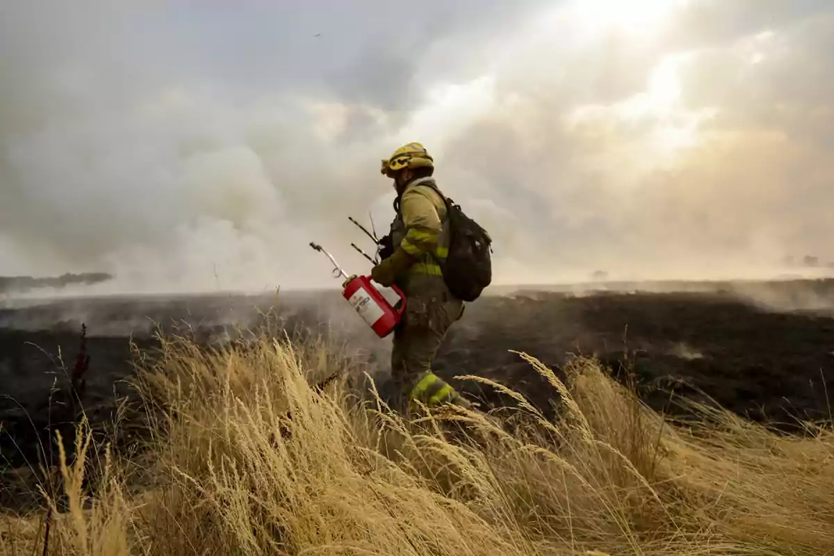 Bombero con equipo de protección camina entre pastizales secos mientras combate un incendio forestal con humo denso en el fondo