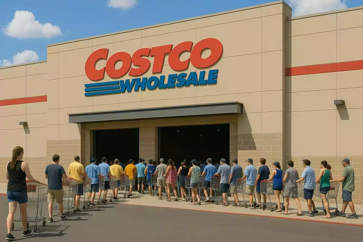 Personas haciendo fila con carritos de supermercado para entrar a una tienda Costco Wholesale.