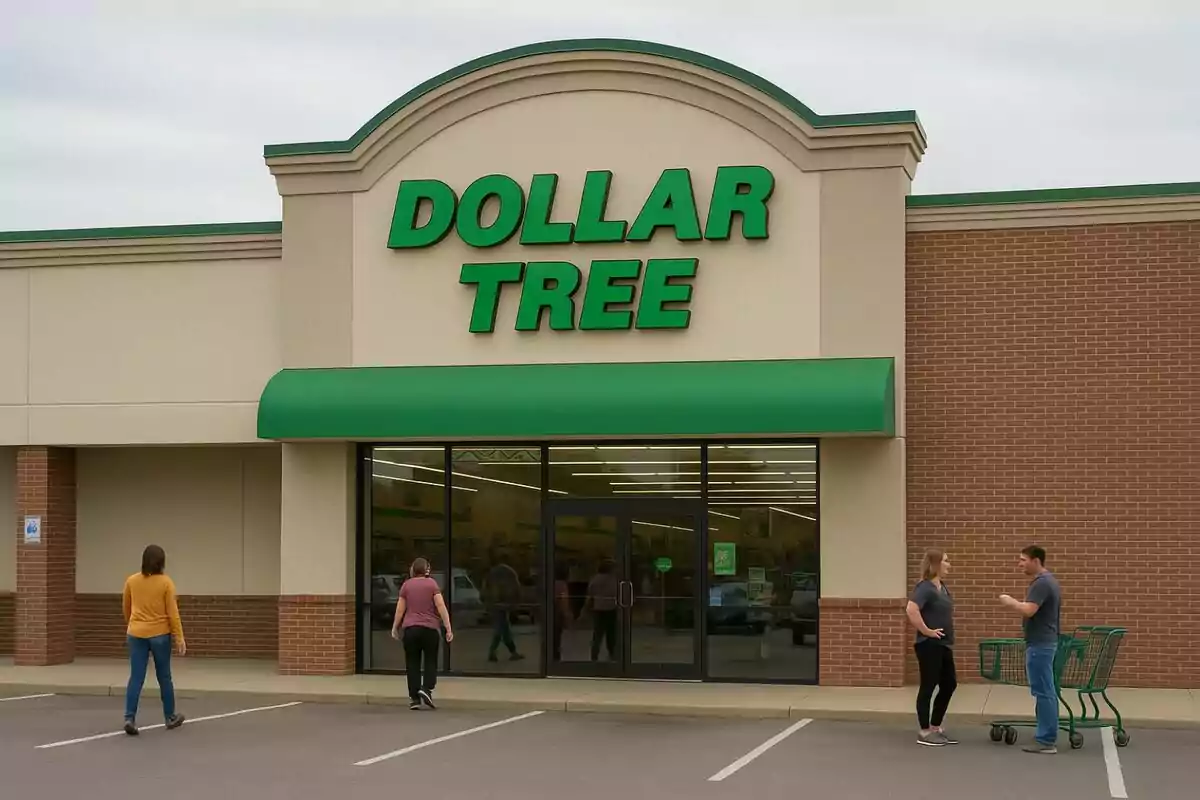 Facade of a Dollar Tree store with several people in the parking lot and two green shopping carts. Facade of a Dollar Tree store with several people in the parking lot and two green shopping carts.