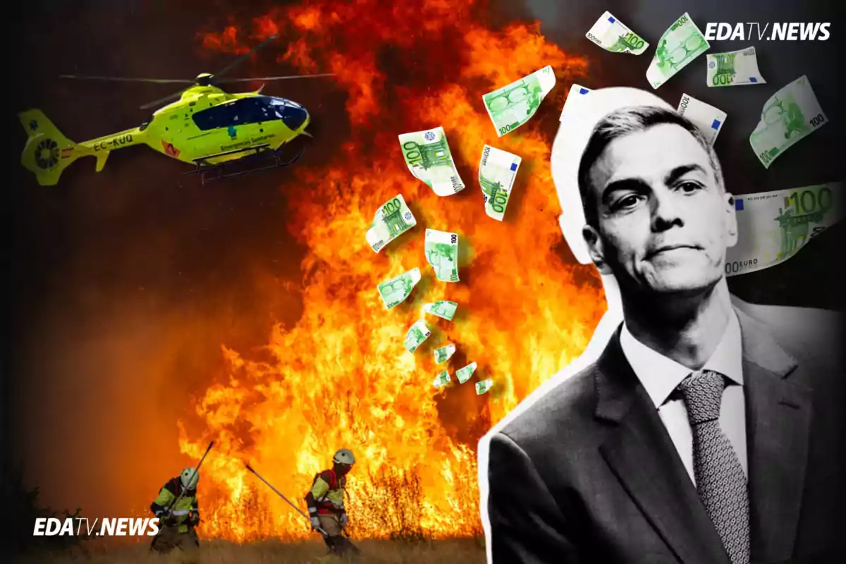 Montaje con un incendio forestal, dos bomberos, un helicóptero de emergencias, billetes de cien euros volando y la imagen en blanco y negro de un hombre con expresión seria en primer plano