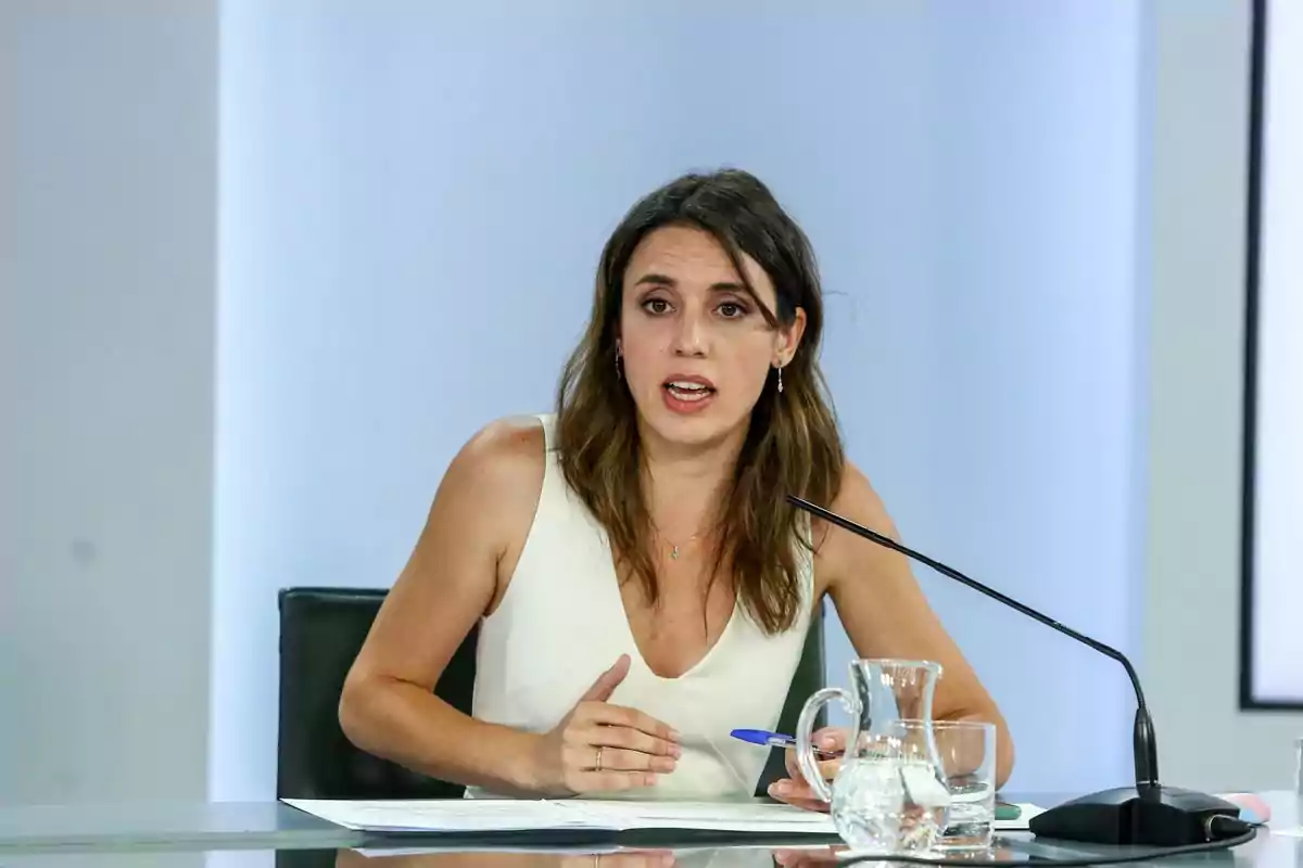 Mujer joven hablando en una conferencia de prensa sentada frente a un micrófono con documentos y una jarra de agua sobre la mesa Mujer joven hablando en una conferencia de prensa sentada frente a un micrófono con documentos y una jarra de agua sobre la mesa