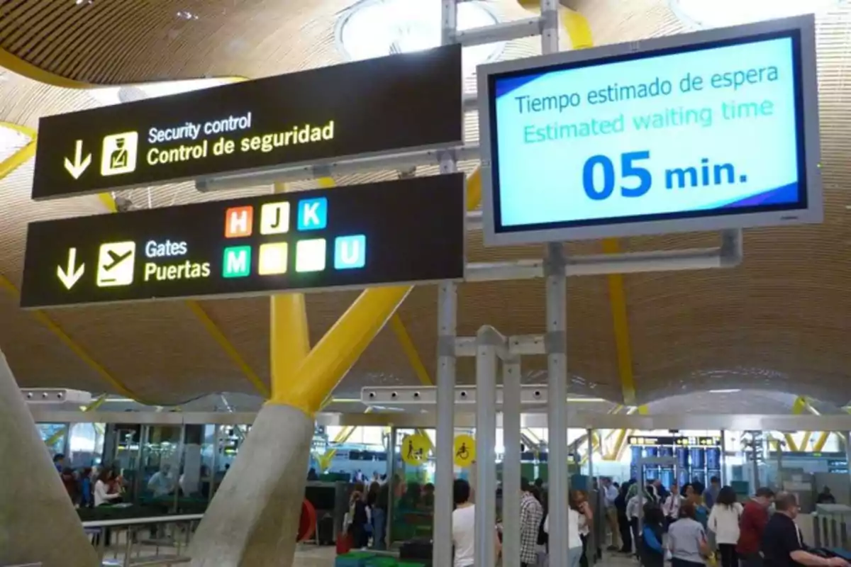 Señalización en un aeropuerto indicando el control de seguridad, las puertas de embarque y un monitor que muestra un tiempo estimado de espera de cinco minutos, con varias personas en la zona de control. Señalización en un aeropuerto indicando el control de seguridad, las puertas de embarque y un monitor que muestra un tiempo estimado de espera de cinco minutos, con varias personas en la zona de control.