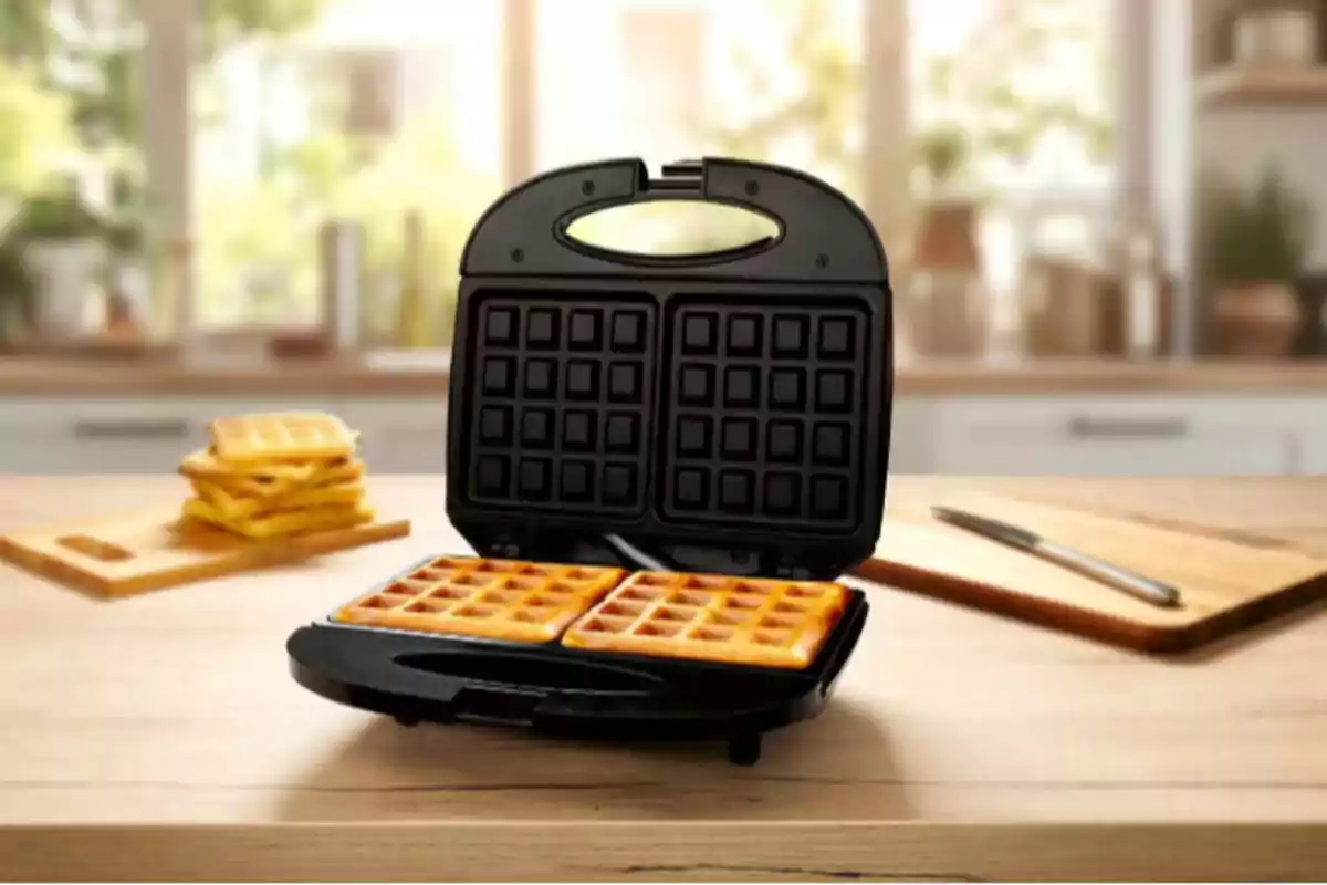 Waflera eléctrica negra con dos waffles recién hechos en una cocina iluminada y fondo desenfocado Waflera eléctrica negra con dos waffles recién hechos en una cocina iluminada y fondo desenfocado