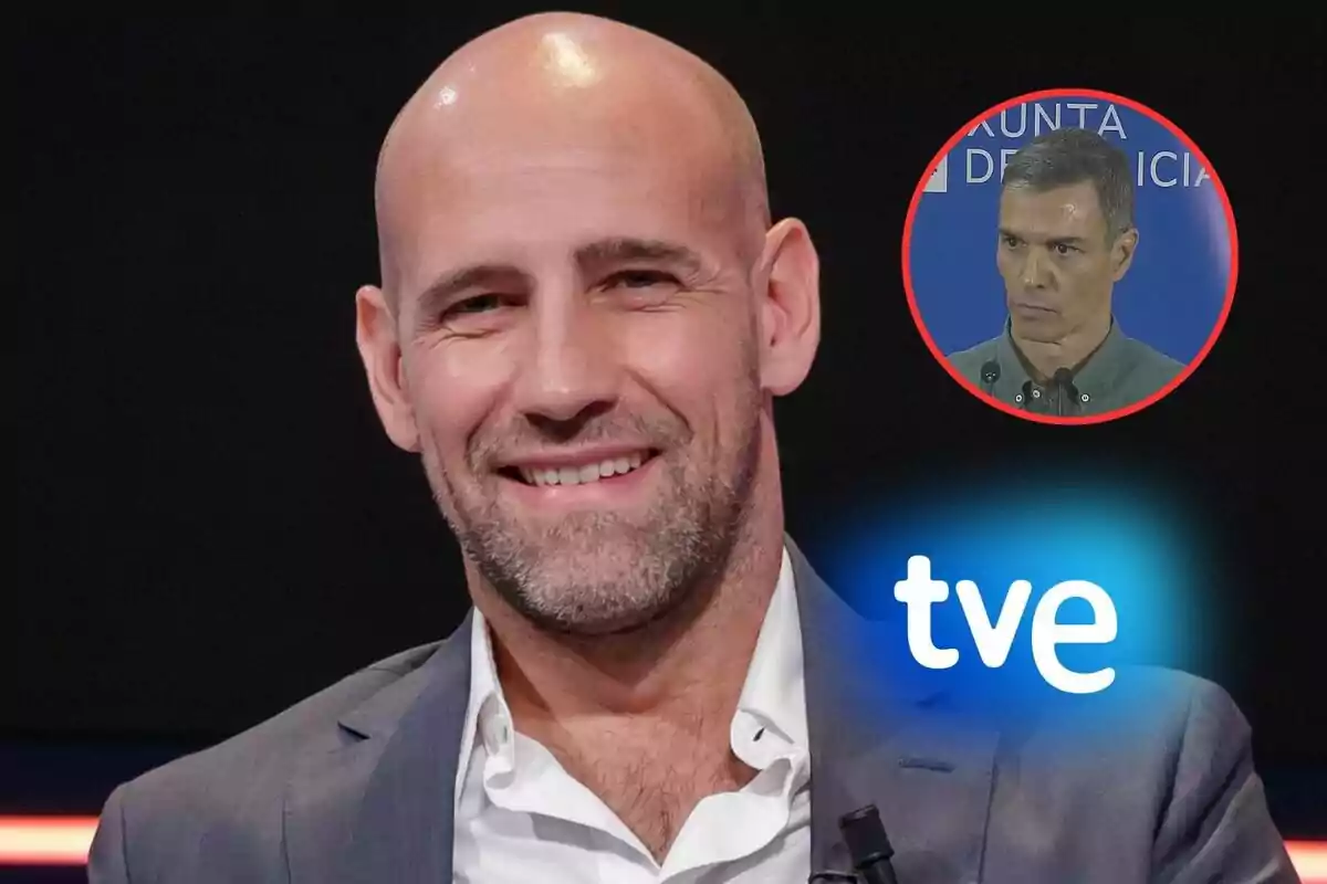 Hombre calvo sonriente en primer plano con un logo de tve y un recuadro circular con el rostro serio de otro hombre al fondo