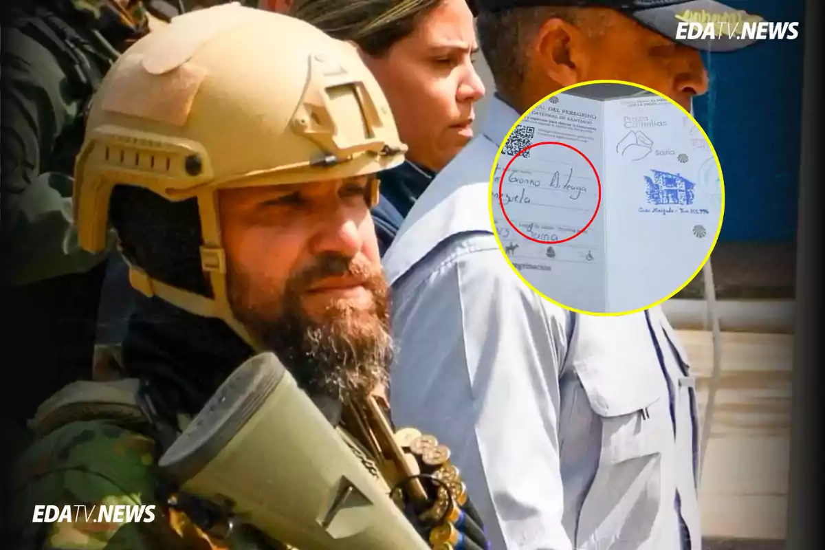 Un hombre con casco militar y barba está en primer plano mientras al fondo se observa a otras personas y un recuadro ampliado muestra un documento con un círculo rojo y sellos azules