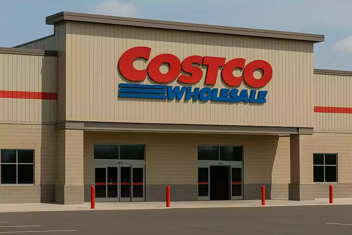 Fachada de una tienda Costco Wholesale con puertas de entrada y estacionamiento vacío al frente. Fachada de una tienda Costco Wholesale con puertas de entrada y estacionamiento vacío al frente.