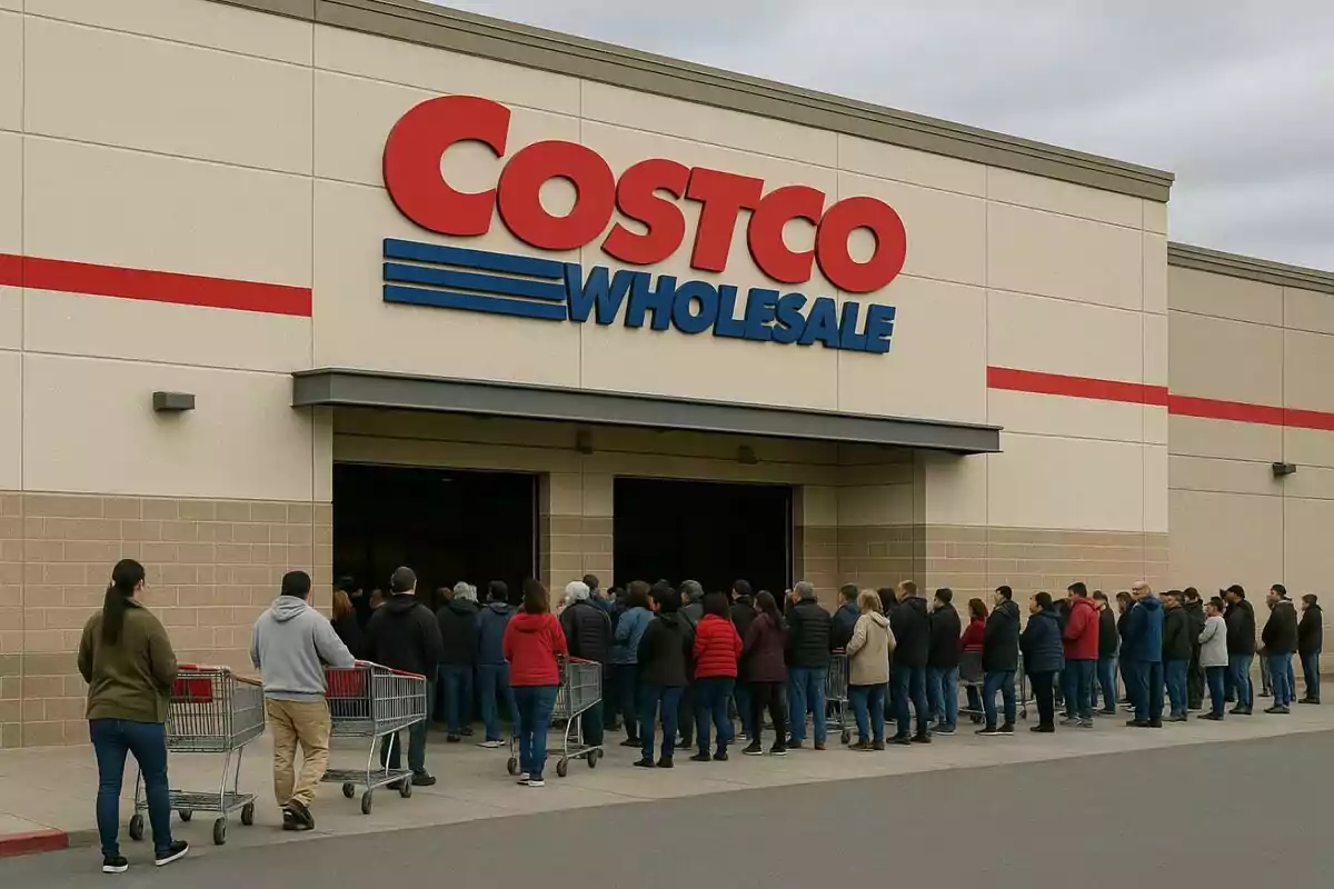 People standing in line with shopping carts outside a Costco Wholesale store on a cloudy day. People standing in line with shopping carts outside a Costco Wholesale store on a cloudy day.