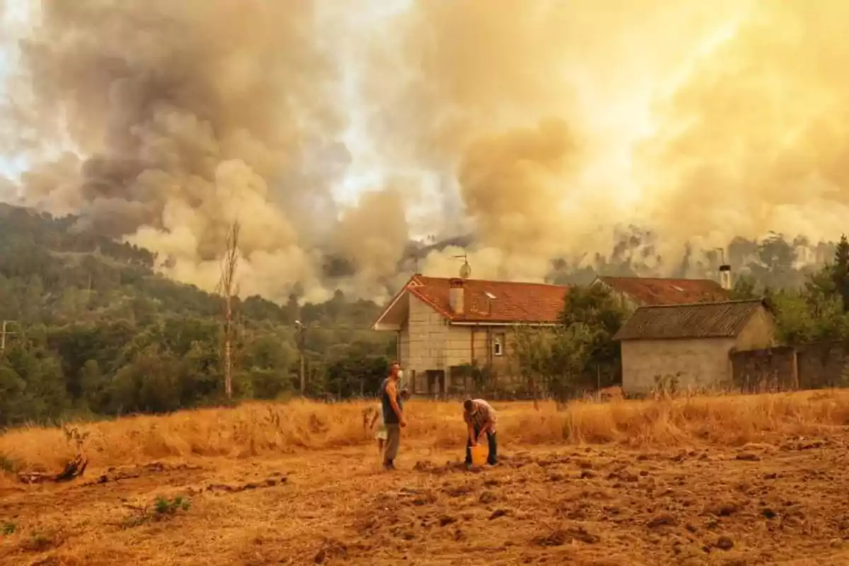 Personas en un campo seco cerca de casas mientras un incendio forestal produce una gran cantidad de humo en el fondo Personas en un campo seco cerca de casas mientras un incendio forestal produce una gran cantidad de humo en el fondo
