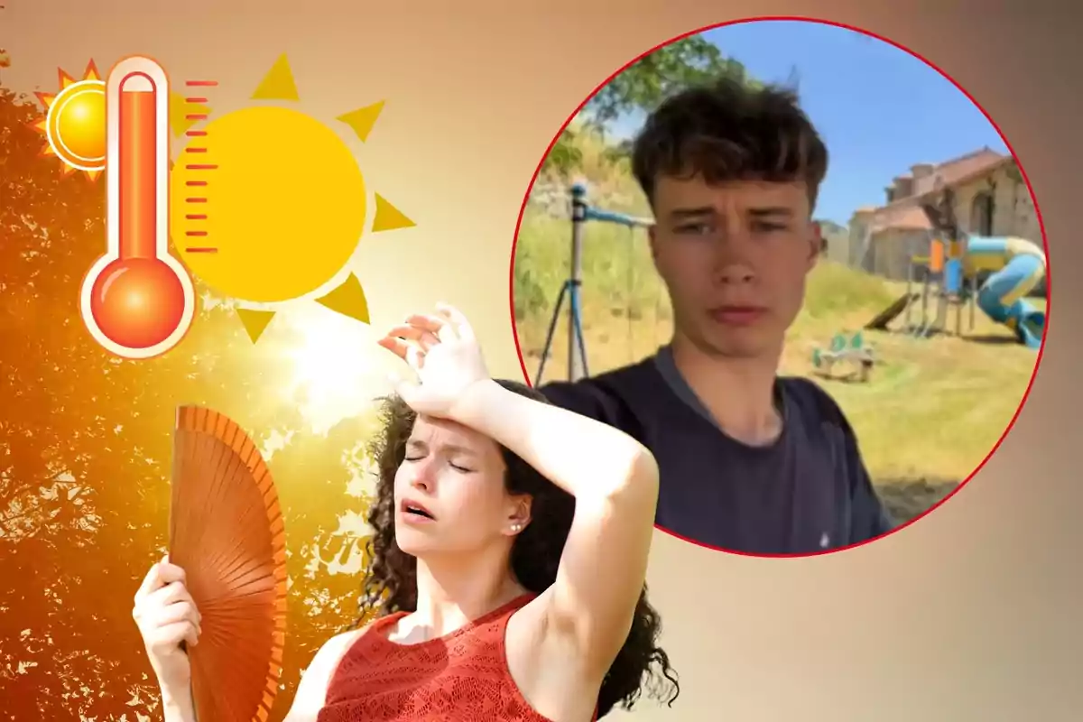 Mujer abanicándose y cubriéndose del sol con expresión de calor intenso, termómetro y sol dibujados al fondo, y un joven en un parque dentro de un círculo rojo Mujer abanicándose y cubriéndose del sol con expresión de calor intenso, termómetro y sol dibujados al fondo, y un joven en un parque dentro de un círculo rojo