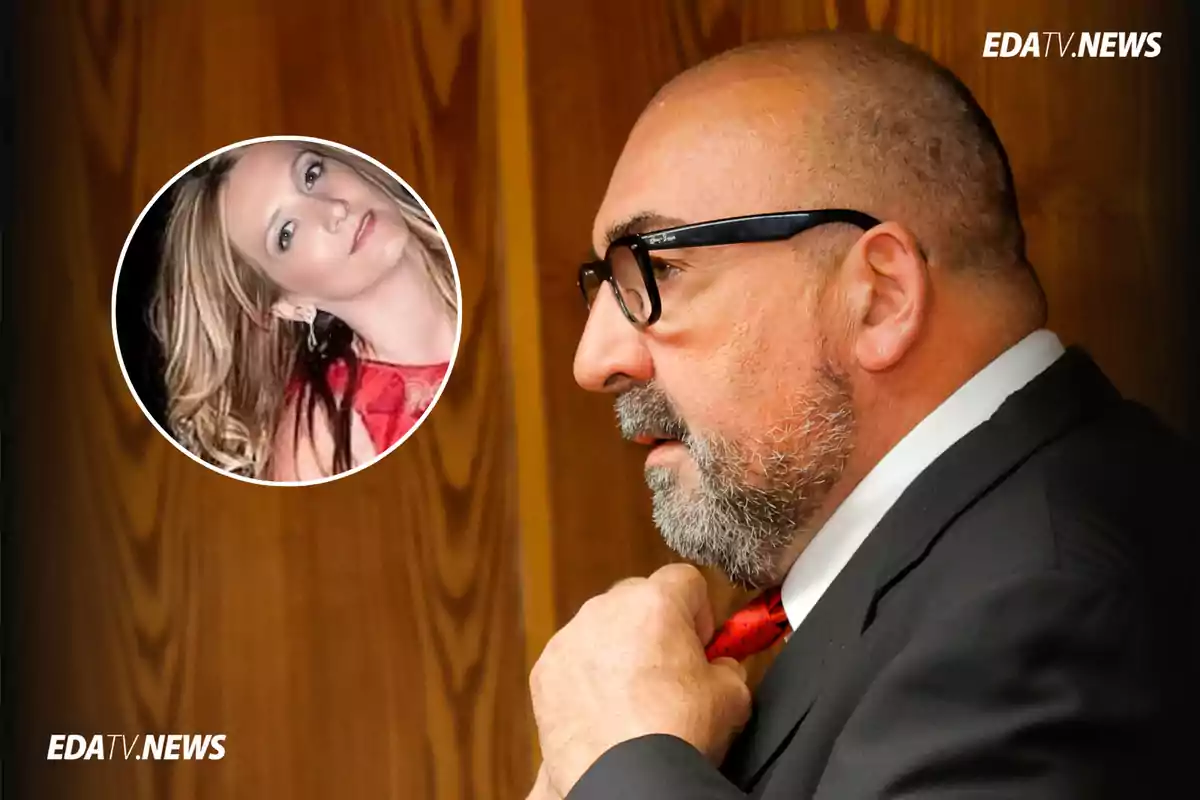 Hombre de perfil con gafas y barba ajustándose la corbata roja, con un recuadro circular que muestra a una mujer rubia con vestido rojo sobre fondo oscuro, ambos en un entorno de madera y con el logo EDATV.NEWS en las esquinas.