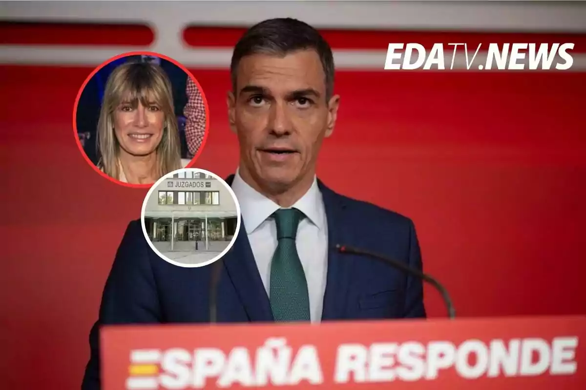Hombre con traje y corbata hablando frente a un atril rojo con el texto España Responde, en la esquina superior derecha aparece el logo de EDA TV News y sobre la imagen hay dos círculos superpuestos, uno con el rostro de una mujer sonriente y otro con la entrada de un edificio de juzgados.