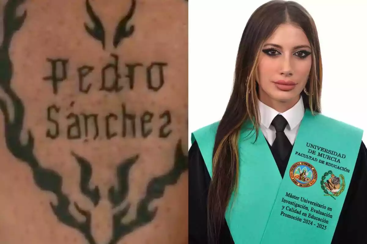 Tatuaje con el nombre Pedro Sánchez rodeado de llamas negras junto a una joven con toga y banda de graduación de la Universidad de Murcia