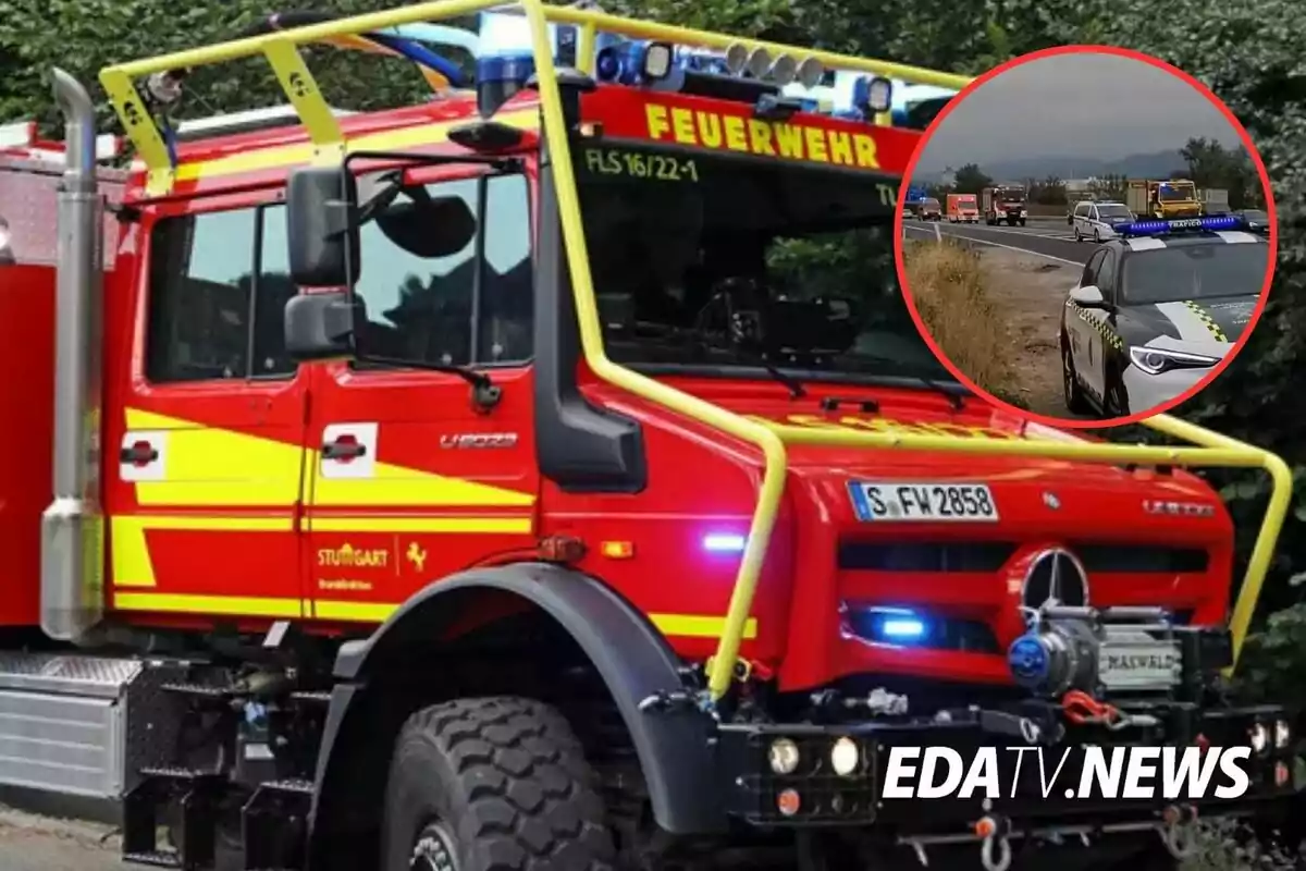 Camión de bomberos rojo con detalles amarillos y la palabra Feuerwehr en la parte superior, acompañado de un recuadro donde se observa una carretera con vehículos de emergencia y un coche patrulla