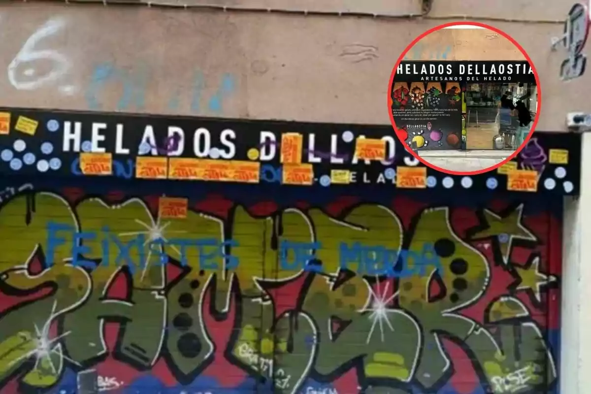 Fachada de una heladería con el letrero parcialmente cubierto por grafitis y pegatinas, y un círculo que muestra una imagen más clara del local
