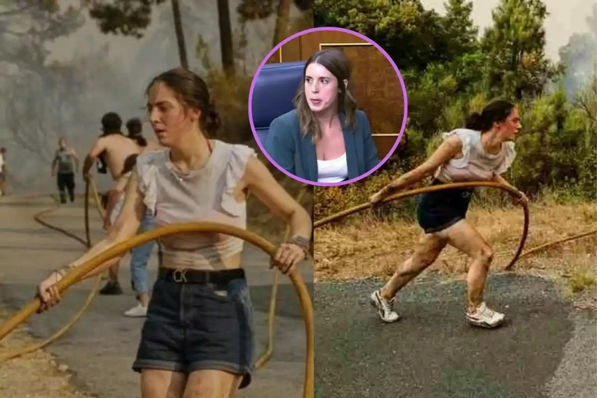 Una mujer joven con ropa casual sostiene una manguera mientras ayuda a combatir un incendio forestal, en la parte superior de la imagen aparece un recuadro con su retrato en un entorno formal