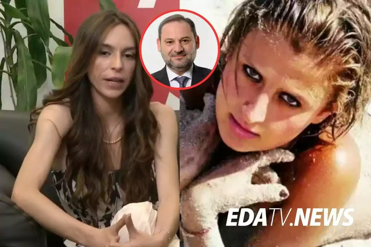 Mujer sentada hablando frente a una planta, al lado una imagen de una mujer en la playa cubierta de arena y un recuadro con el rostro de un hombre, con el logo de EDATV NEWS en la esquina.