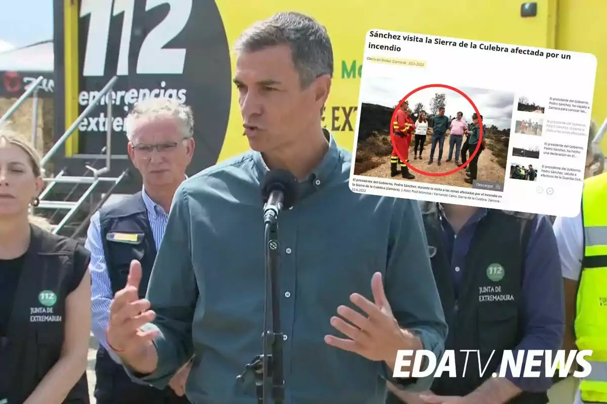 Un hombre habla frente a un micrófono acompañado de varias personas con chalecos de emergencias y un fondo amarillo con el número 112 mientras una captura de pantalla de una noticia sobre una visita a una zona afectada por incendio aparece superpuesta