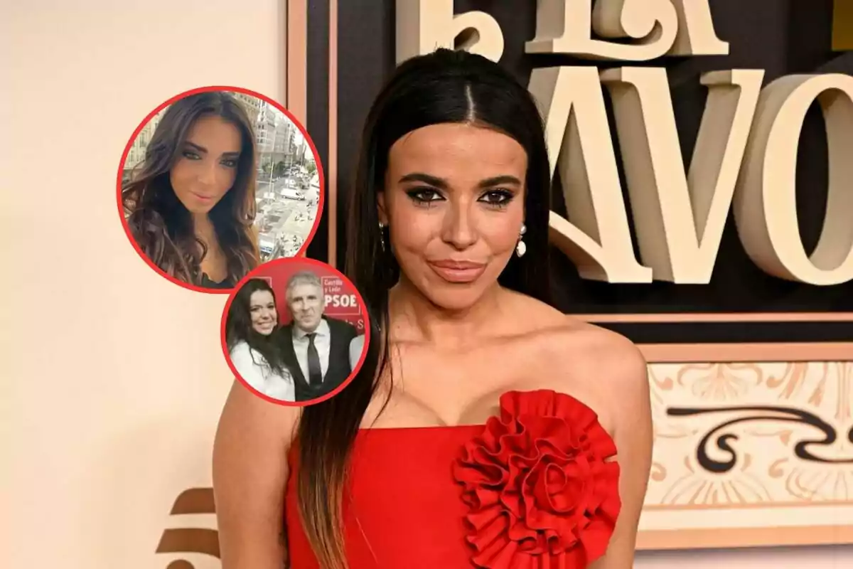 Mujer con vestido rojo posando frente a un cartel, con dos recuadros circulares mostrando una selfie de una mujer y una foto de dos personas en un evento