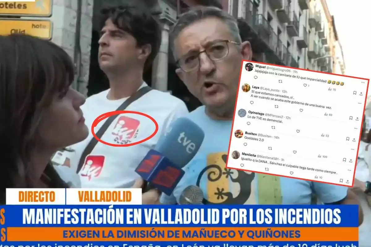 Un reportero de televisión entrevista a dos manifestantes en una protesta en Valladolid por los incendios, uno de ellos lleva una camiseta con el logo de Izquierda Unida y en la imagen aparecen comentarios de redes sociales sobre la cobertura.
