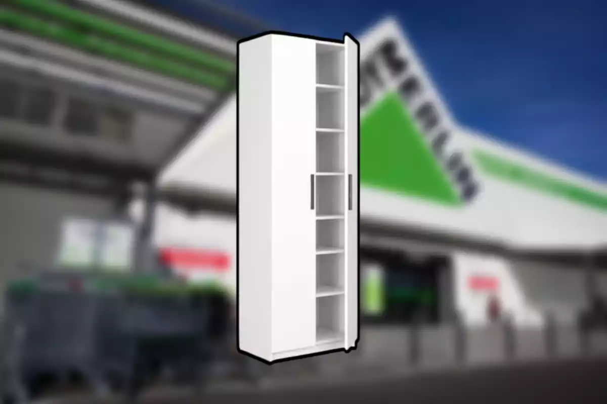 Armario blanco con varias repisas al frente de una tienda de mejoras para el hogar desenfocada. Armario blanco con varias repisas al frente de una tienda de mejoras para el hogar desenfocada.