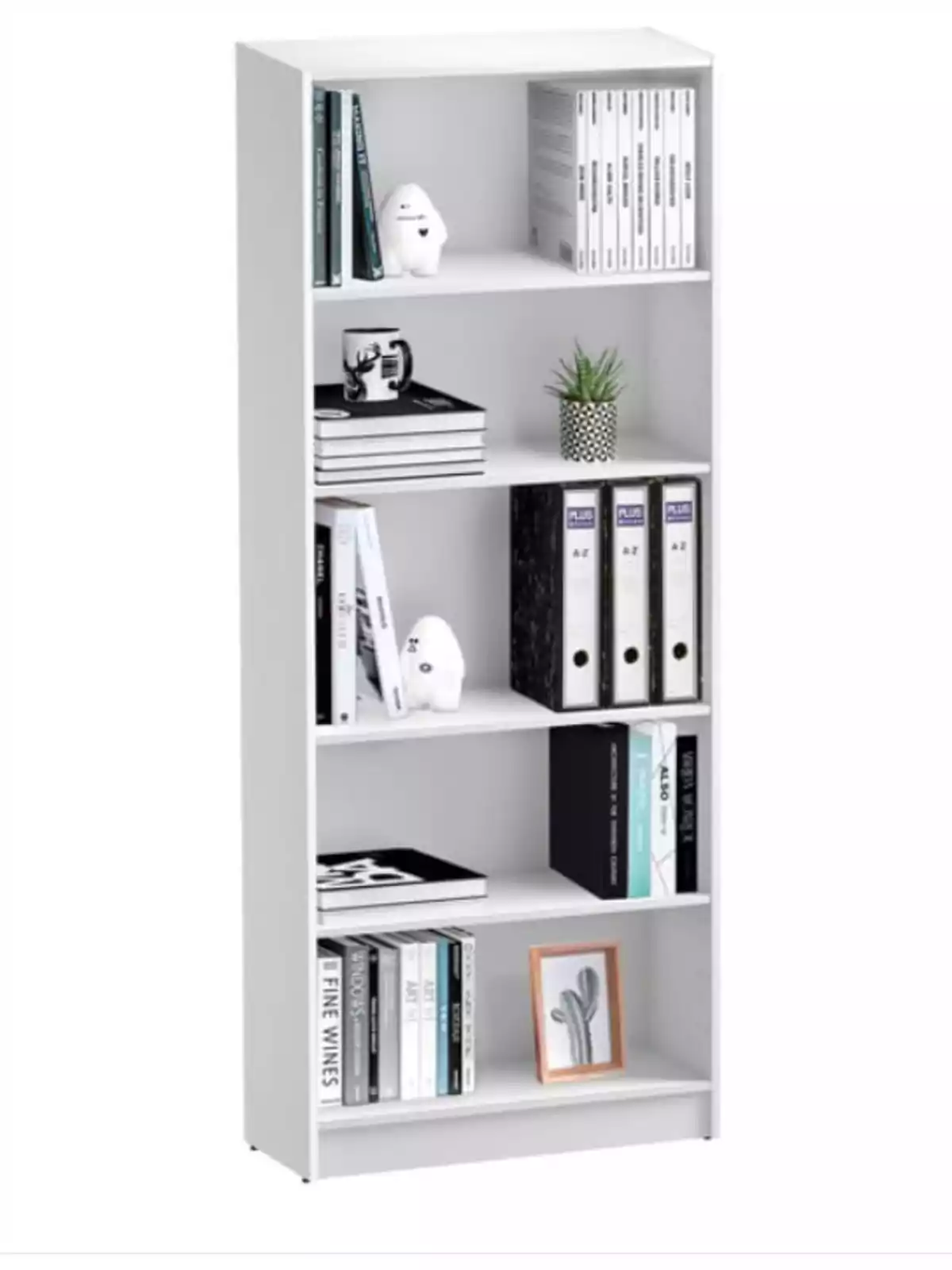Librero blanco de cinco niveles con libros, carpetas, una planta pequeña, dos figuras decorativas y un marco con ilustración de cactus Librero blanco de cinco niveles con libros, carpetas, una planta pequeña, dos figuras decorativas y un marco con ilustración de cactus