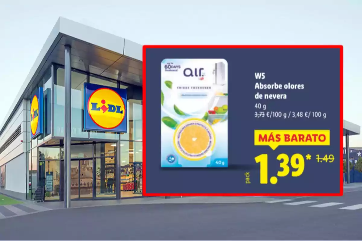 Fachada de supermercado Lidl con una oferta destacada de un absorbente de olores para nevera W5 a 1,39 euros Fachada de supermercado Lidl con una oferta destacada de un absorbente de olores para nevera W5 a 1,39 euros