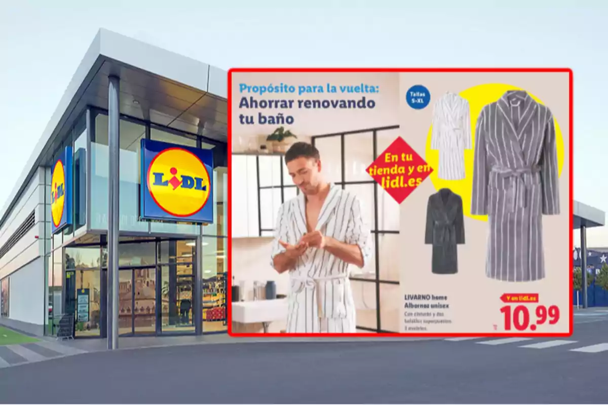 Fachada de una tienda Lidl con un anuncio de bata de baño unisex en oferta por 10,99 euros Fachada de una tienda Lidl con un anuncio de bata de baño unisex en oferta por 10,99 euros