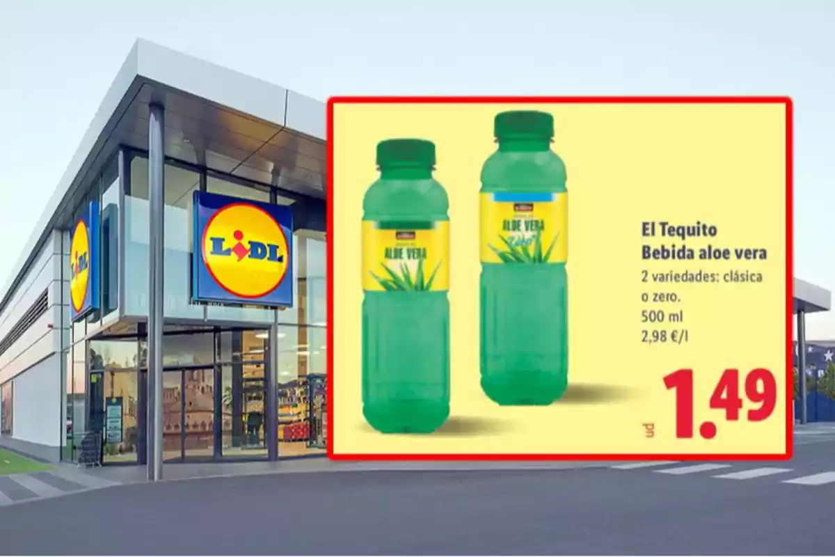 Fachada de supermercado Lidl con una promoción de bebida de aloe vera El Tequito en dos variedades a 1,49 euros Fachada de supermercado Lidl con una promoción de bebida de aloe vera El Tequito en dos variedades a 1,49 euros