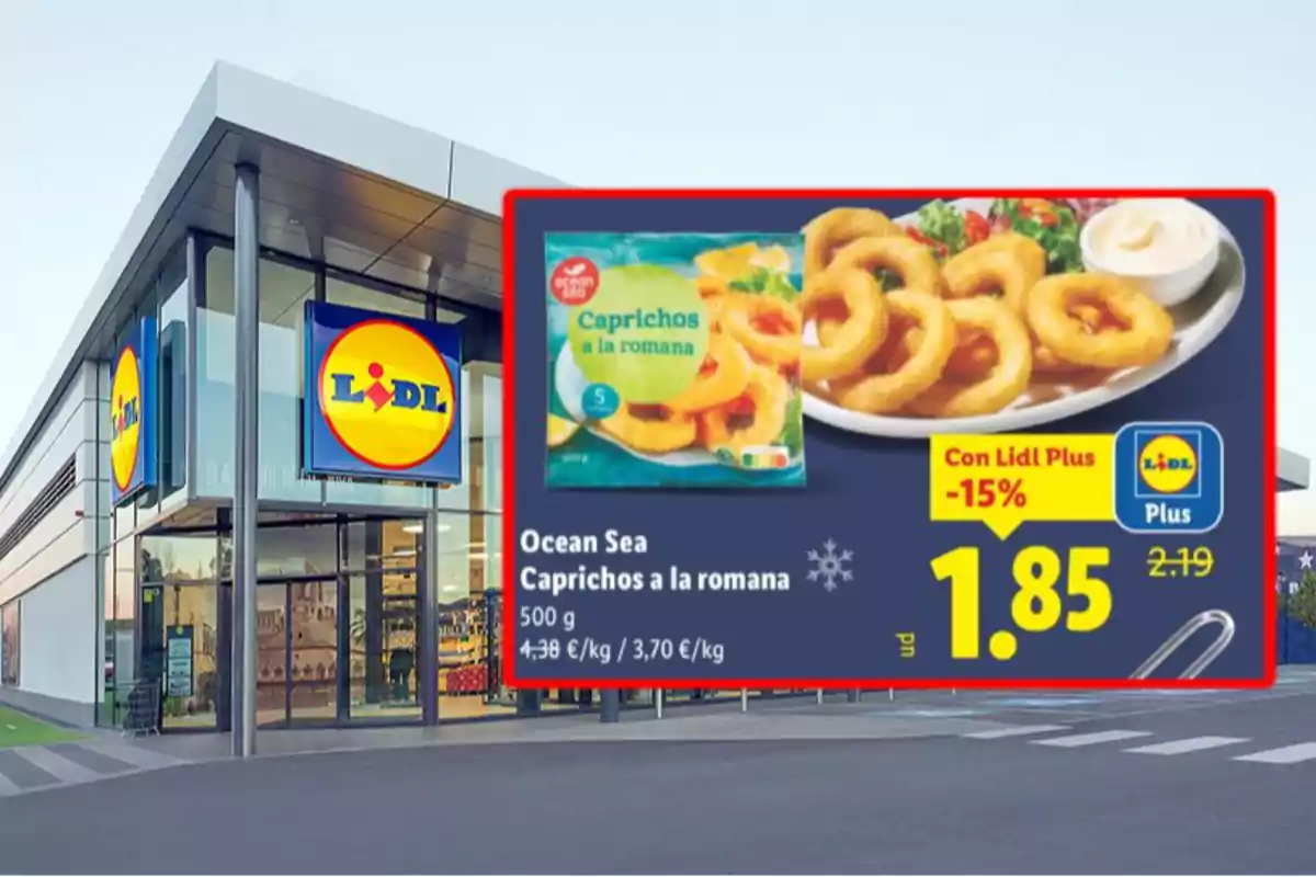 Fachada de un supermercado Lidl con una promoción de caprichos a la romana Ocean Sea de 500 gramos a 1,85 euros con Lidl Plus Fachada de un supermercado Lidl con una promoción de caprichos a la romana Ocean Sea de 500 gramos a 1,85 euros con Lidl Plus